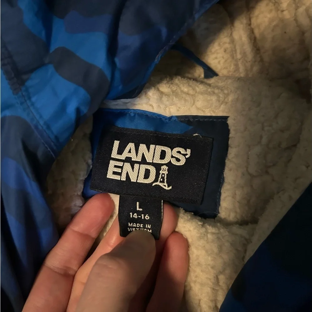 Lands End Kids Expedition Down Winter Parka Jacket Blue Camouflage Large 14/16
